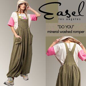 EASEL "DO YOU" Relax Fit Mineral Wash Cotton Jumpsuit Wide Statement Leg Pockets